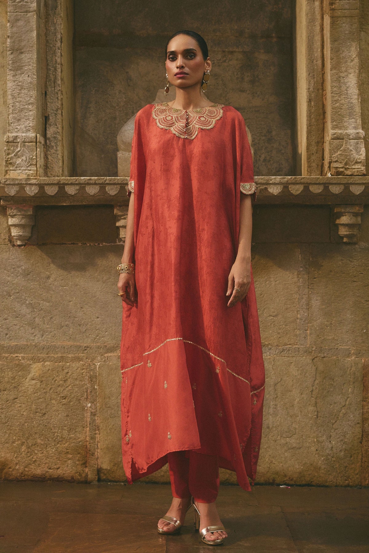 Rust Printed Kaftan Set