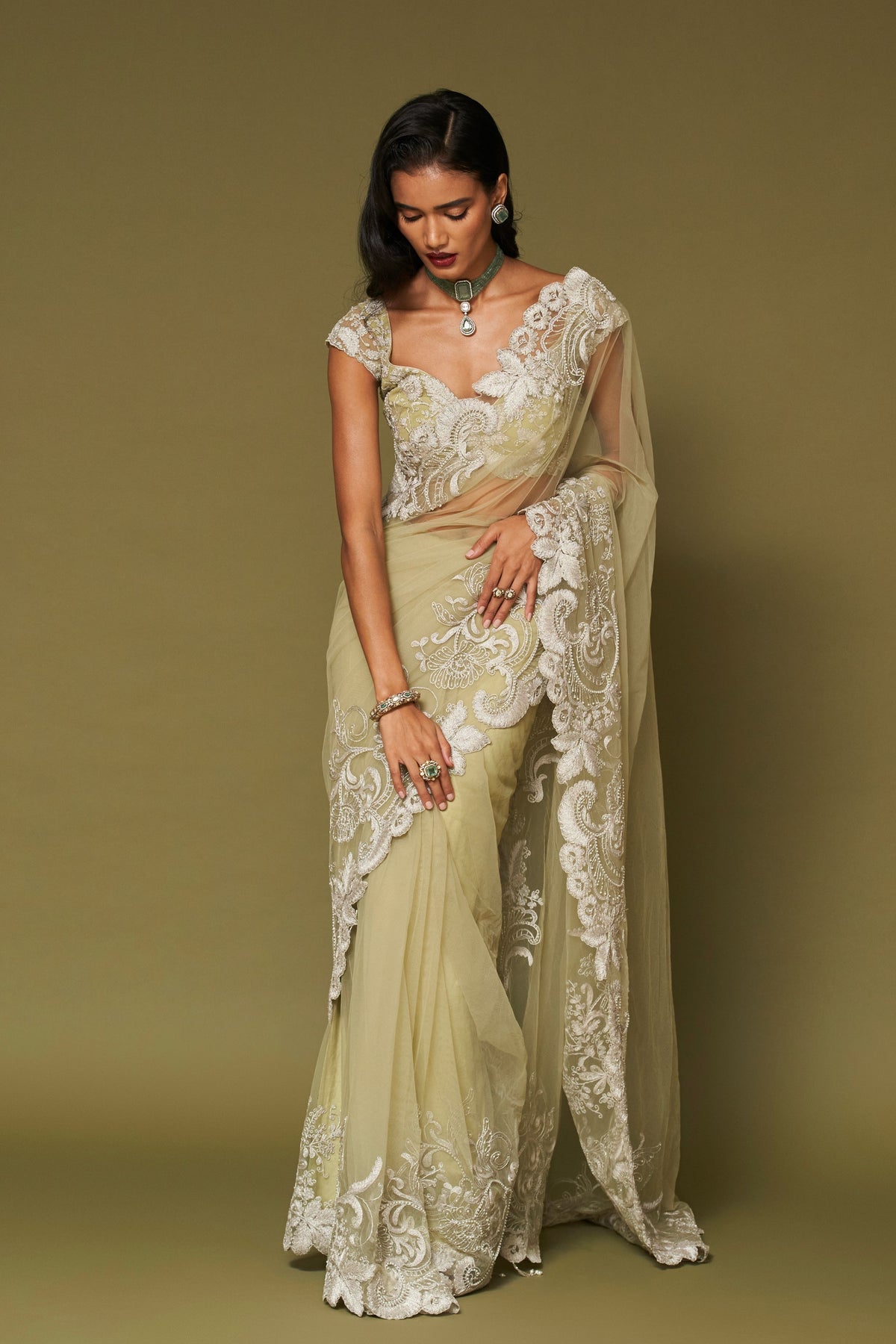 Pistachio Embroidered Net Saree Set