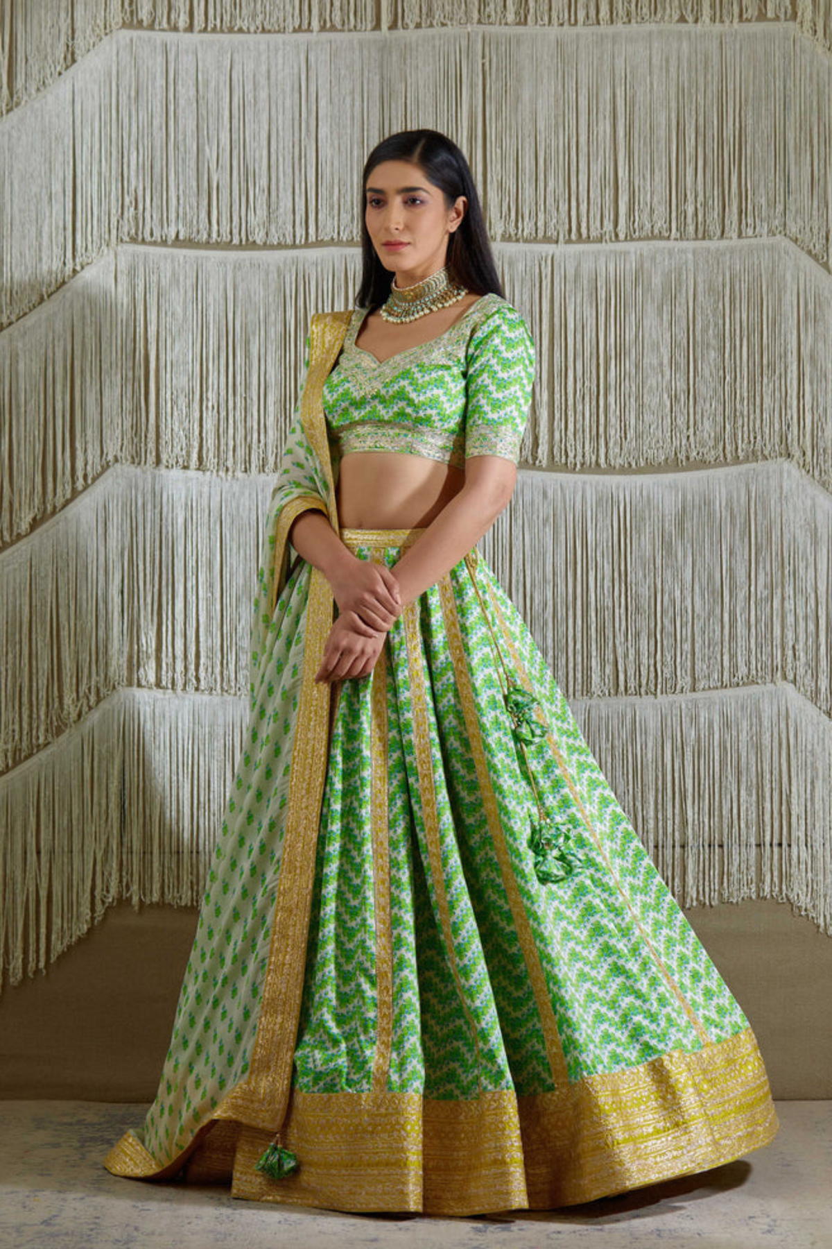 Green and yellow lehanga set