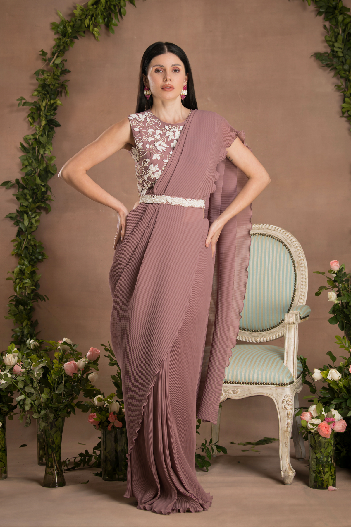 Pre Draped Mauve Colour Saree