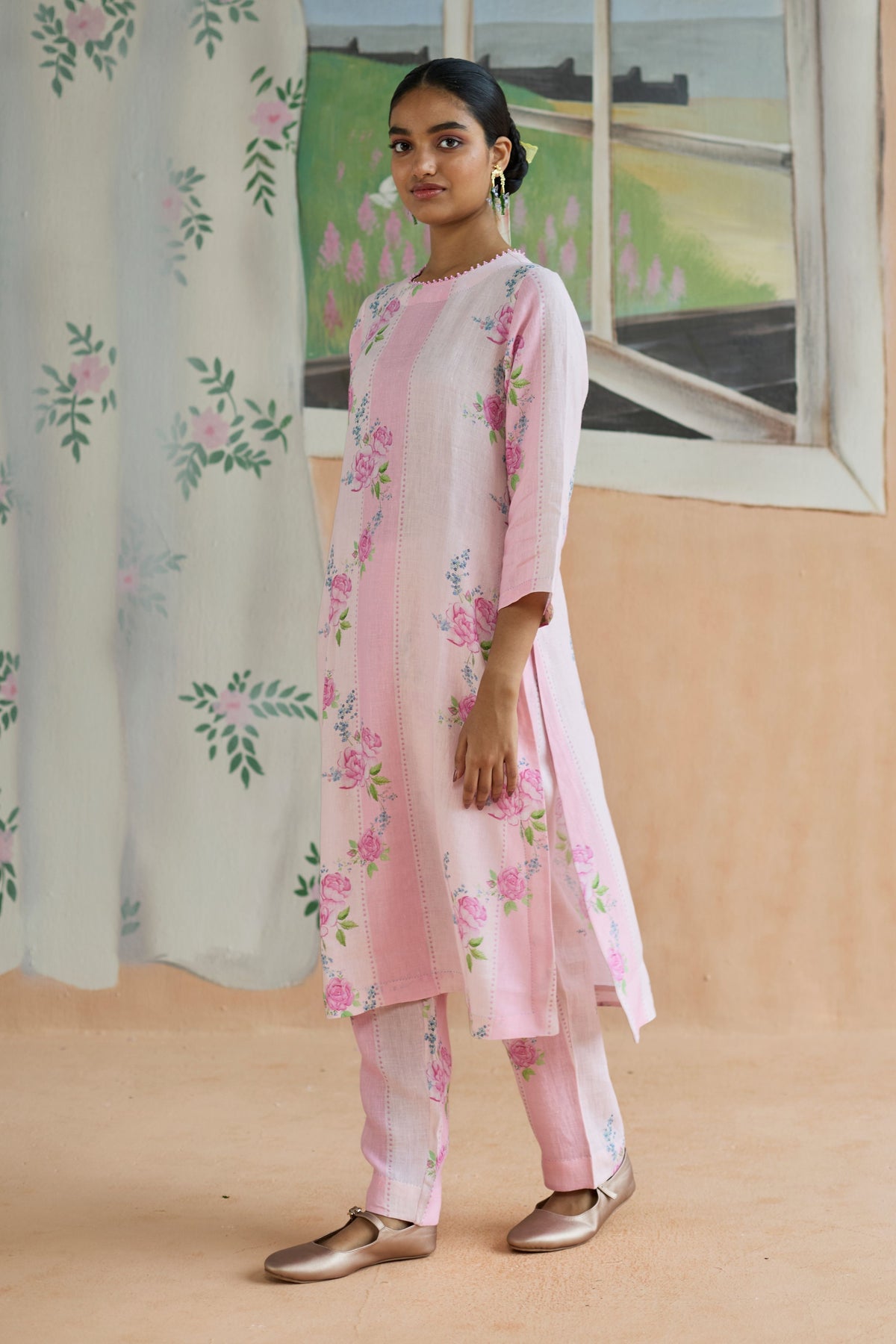 Rose Haze Long Kurta Set Linen