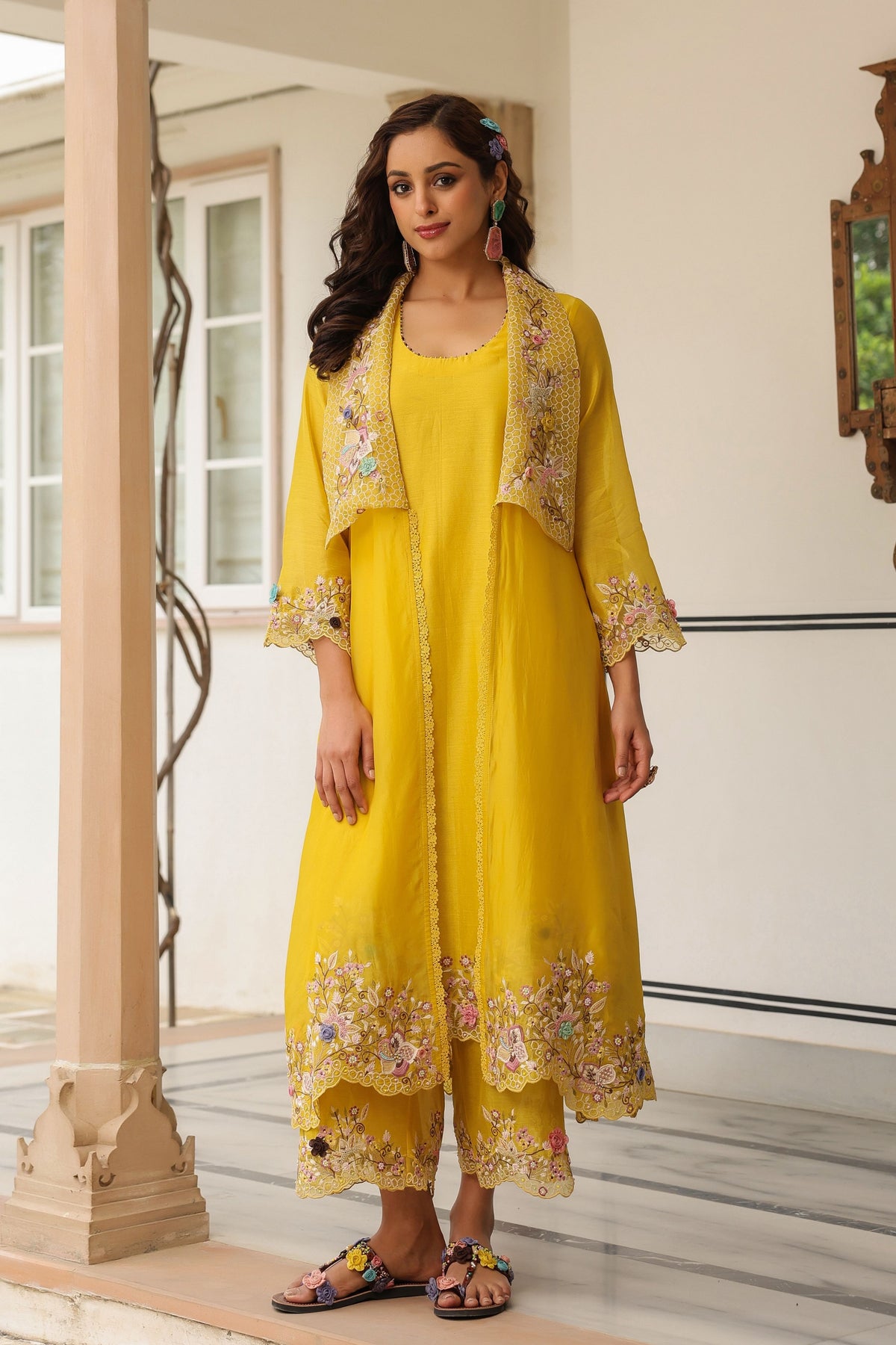 Gulzar Yellow Embroidered Jacket  Set