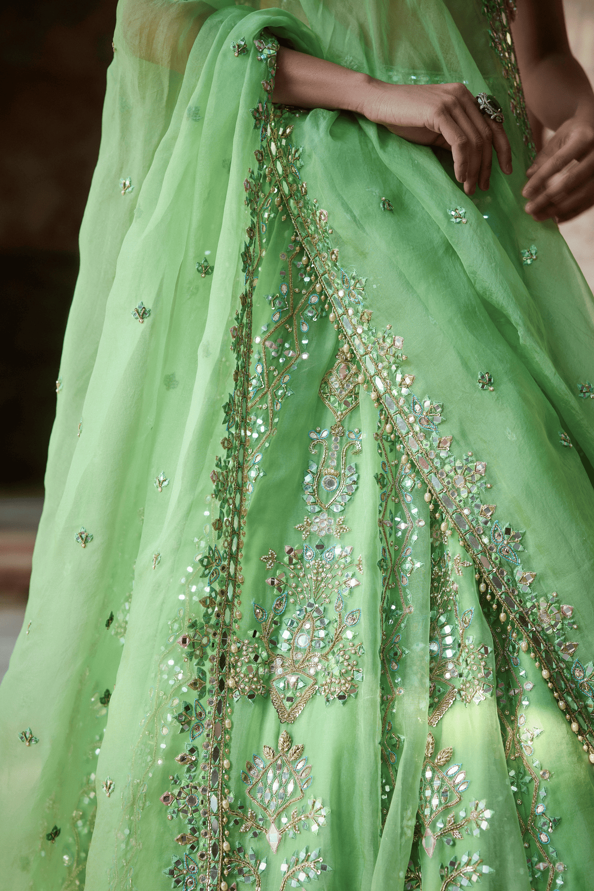 Lime Green Organza Lehenga Set