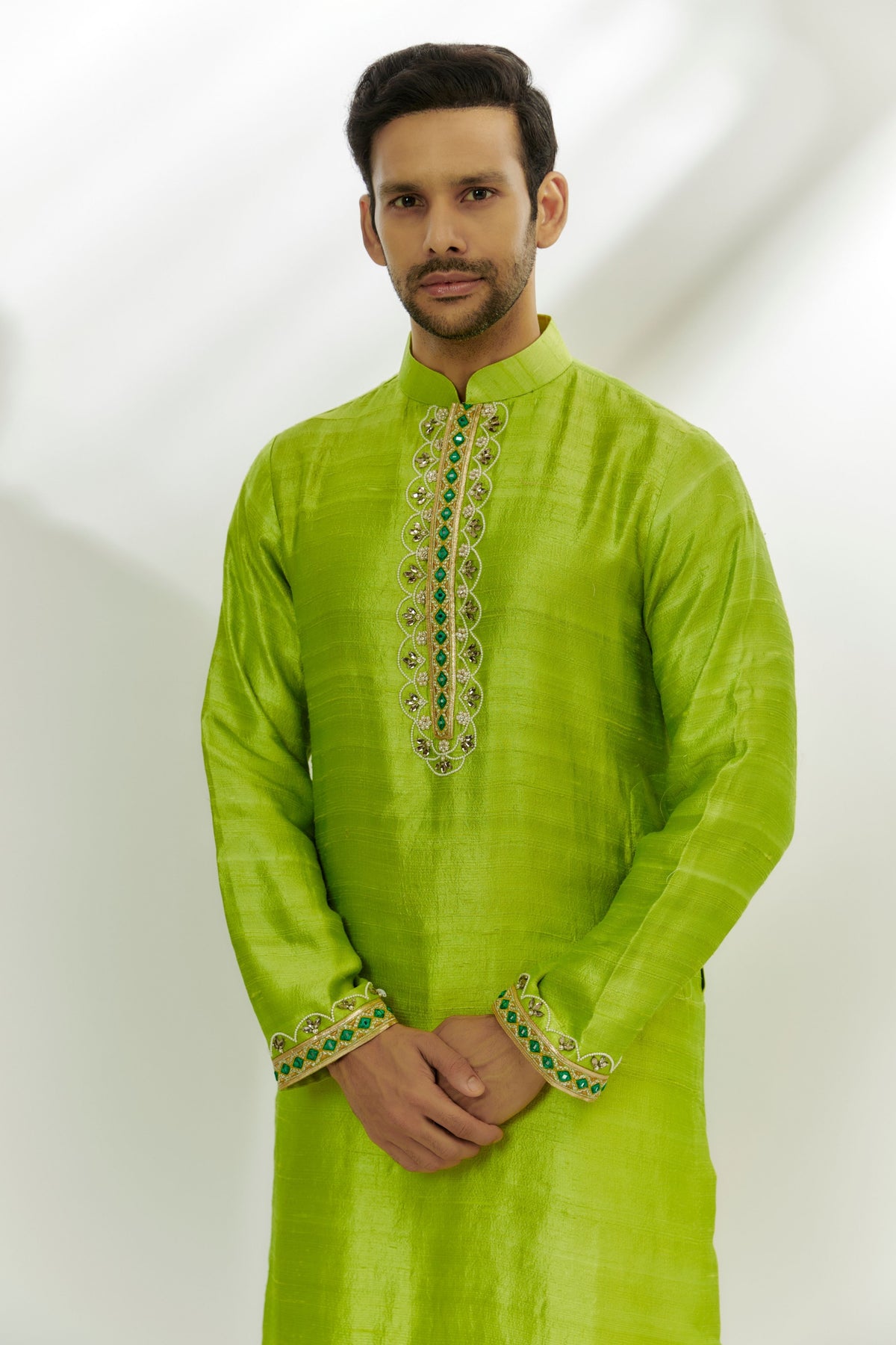 Lime Green Raw Silk Embroidered Kurta