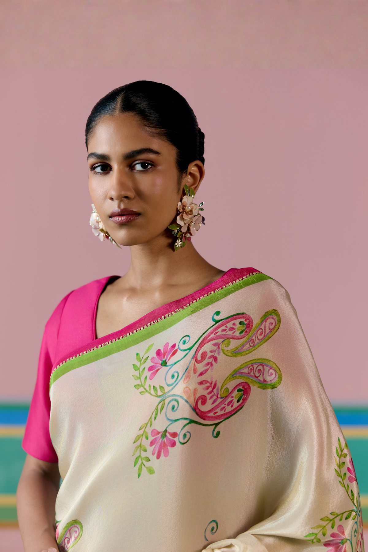 Ecru Green Paisley Saree