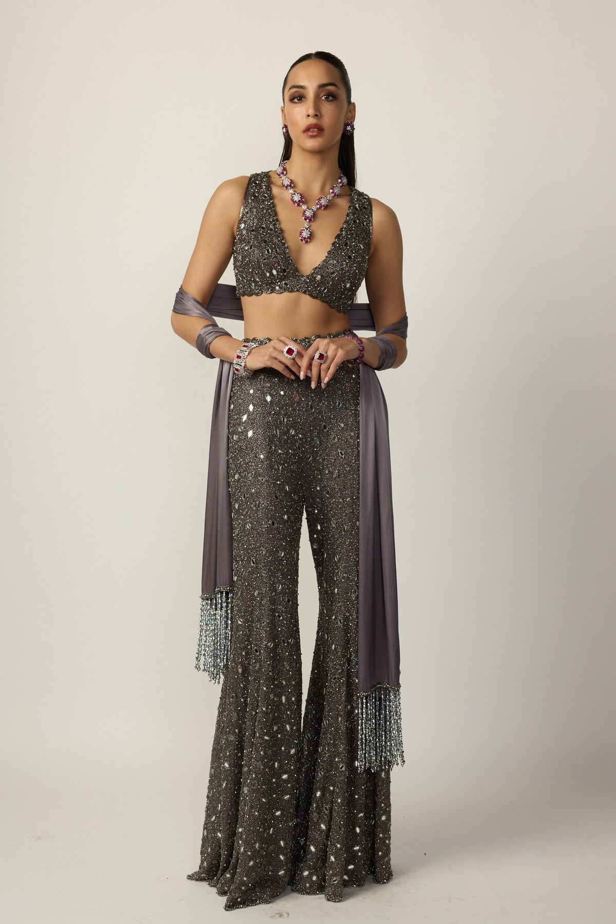 Metallic Grey Sharara Set with Stole