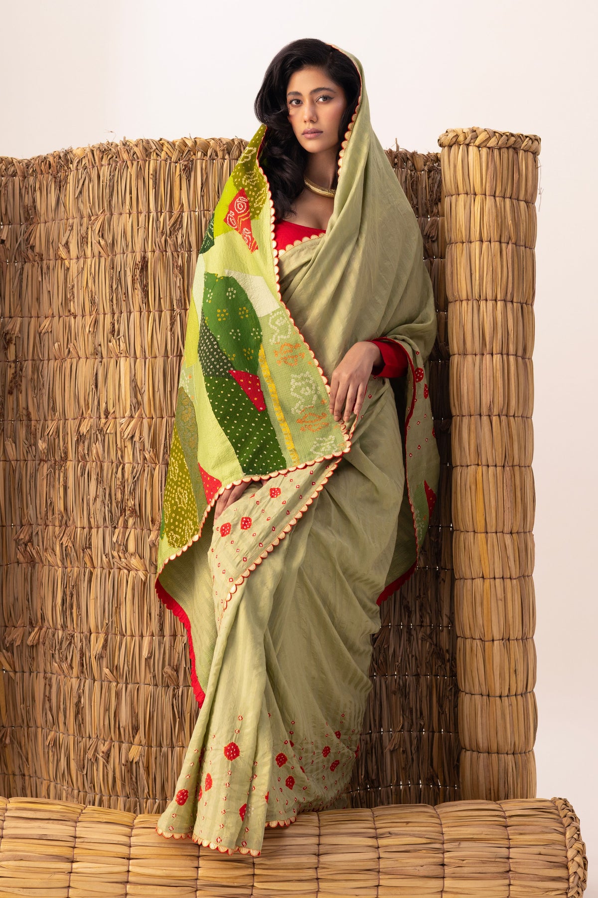 Green Patchwork Bandhani Palla Saree set