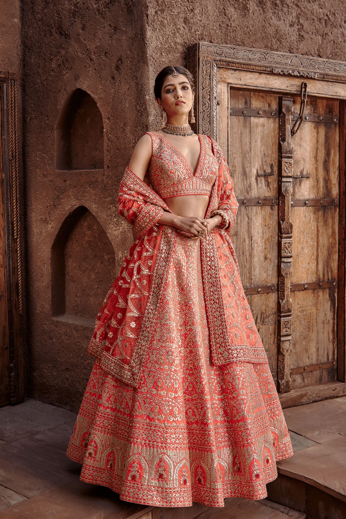 Orange Raw Silk Gota Lehenga Set