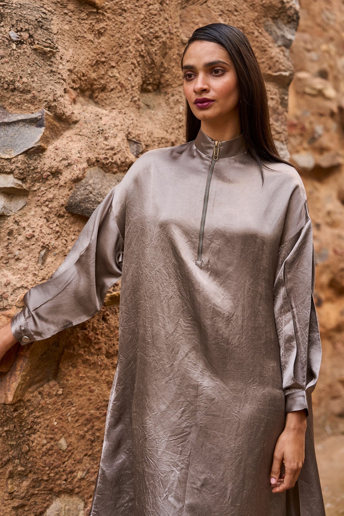 Grey Zip Neck Midi Dress