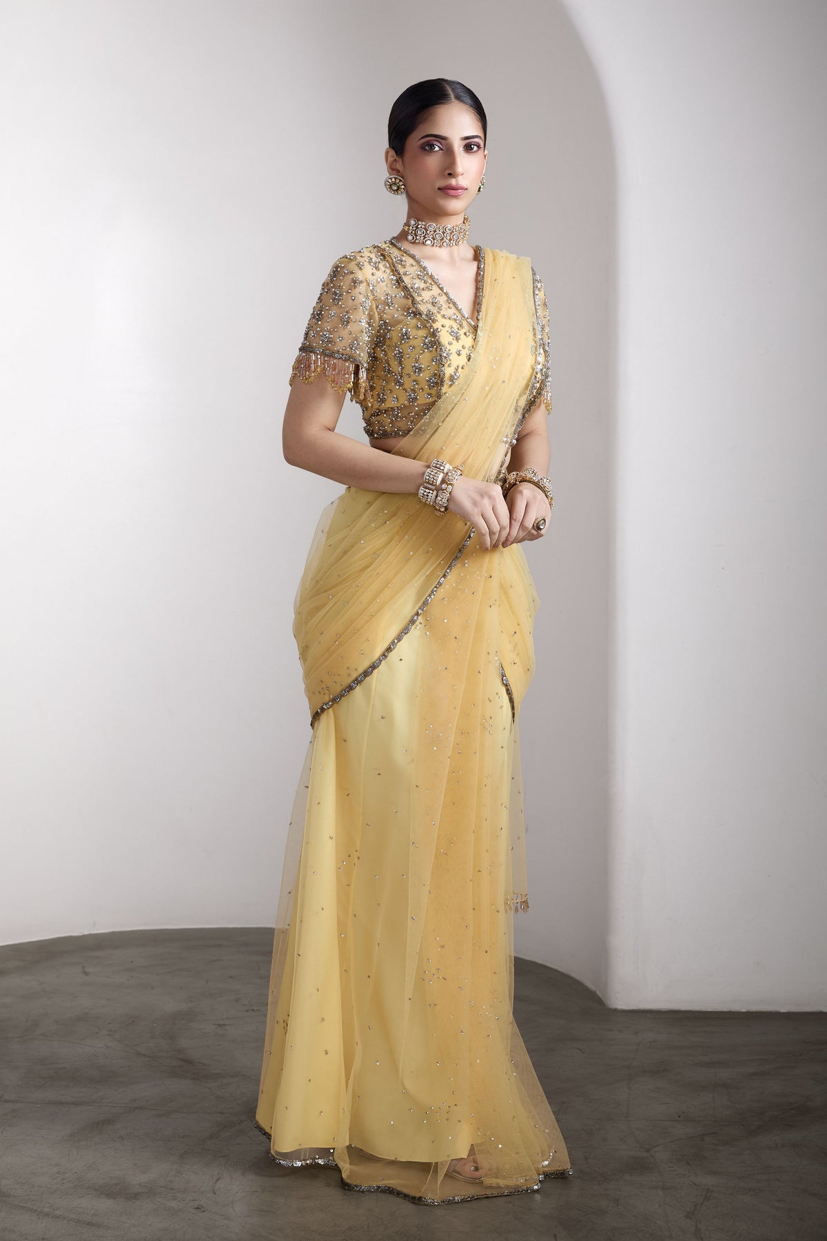 Yellow Embellished Saree Set