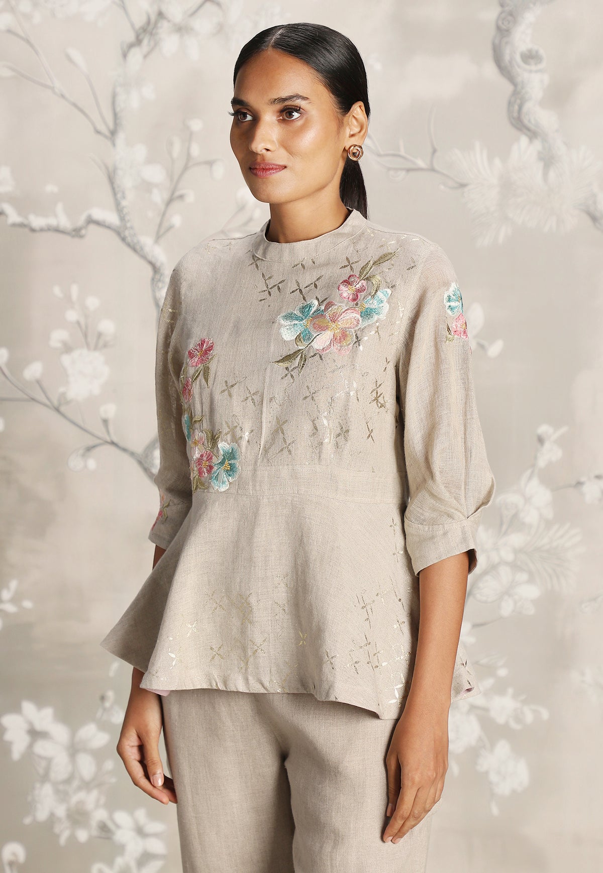 Natural Corsage Peplum Top and Pant Set