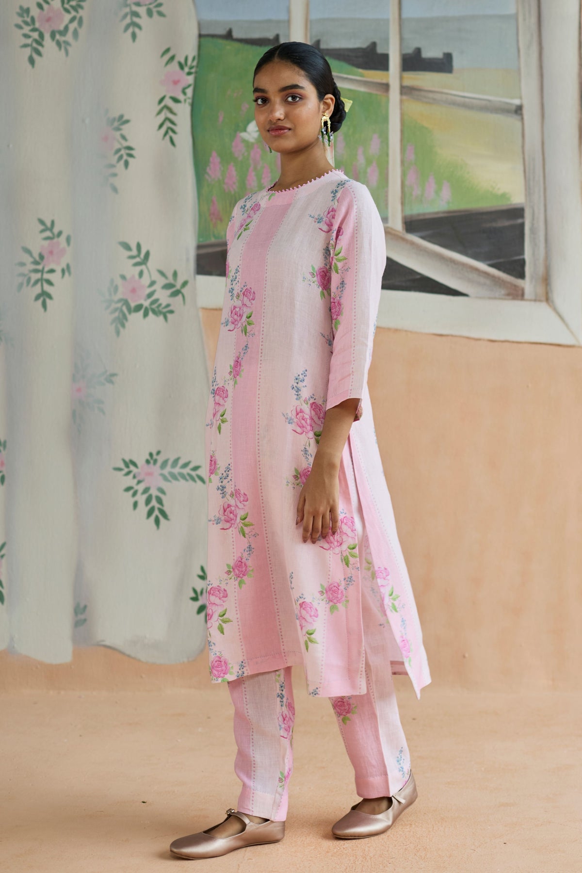 Rose Haze Long Kurta Set Linen