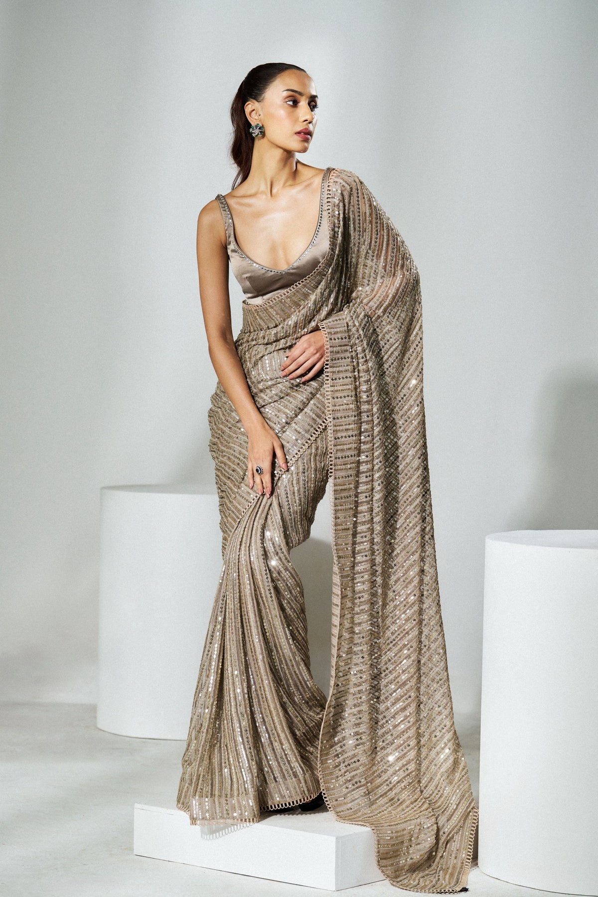 Taupe Sequins Saree Set