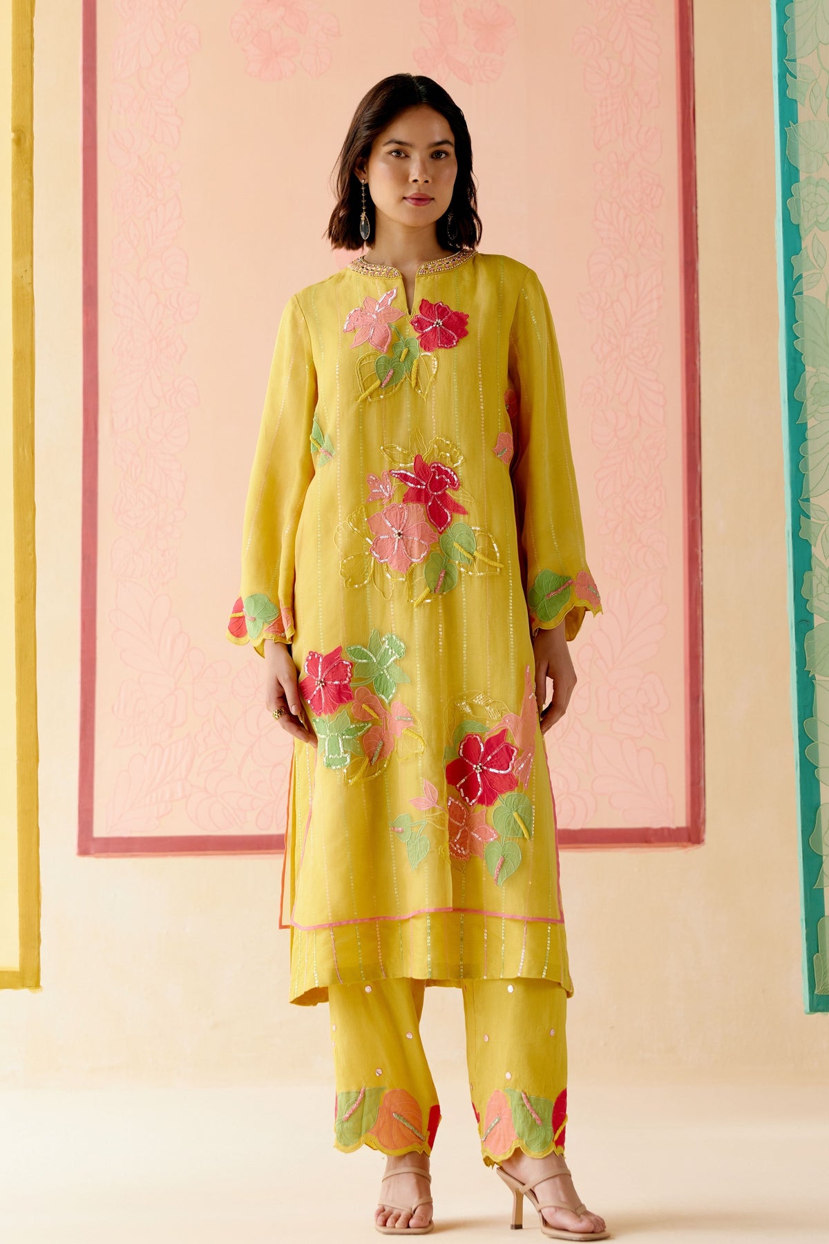 Mustard Floral Applique Kurta Set