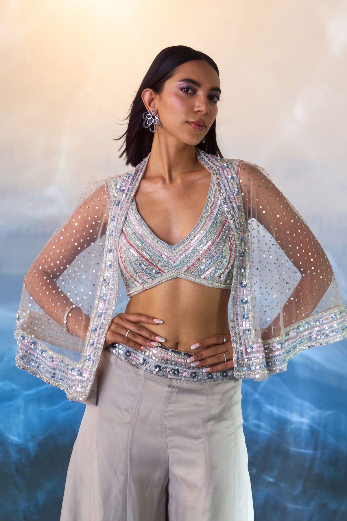 Grey Organza Cape Set