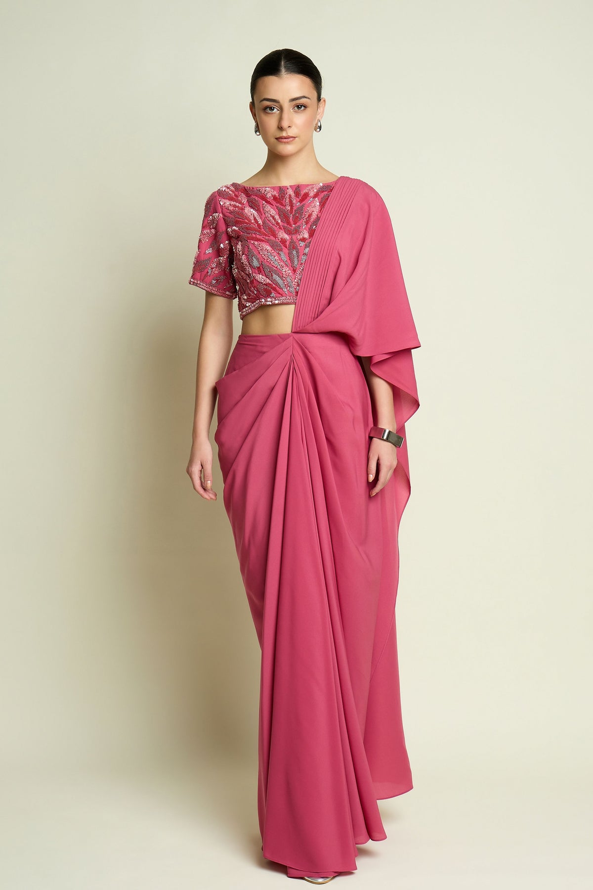 Pastel Pink Draped Saree Set