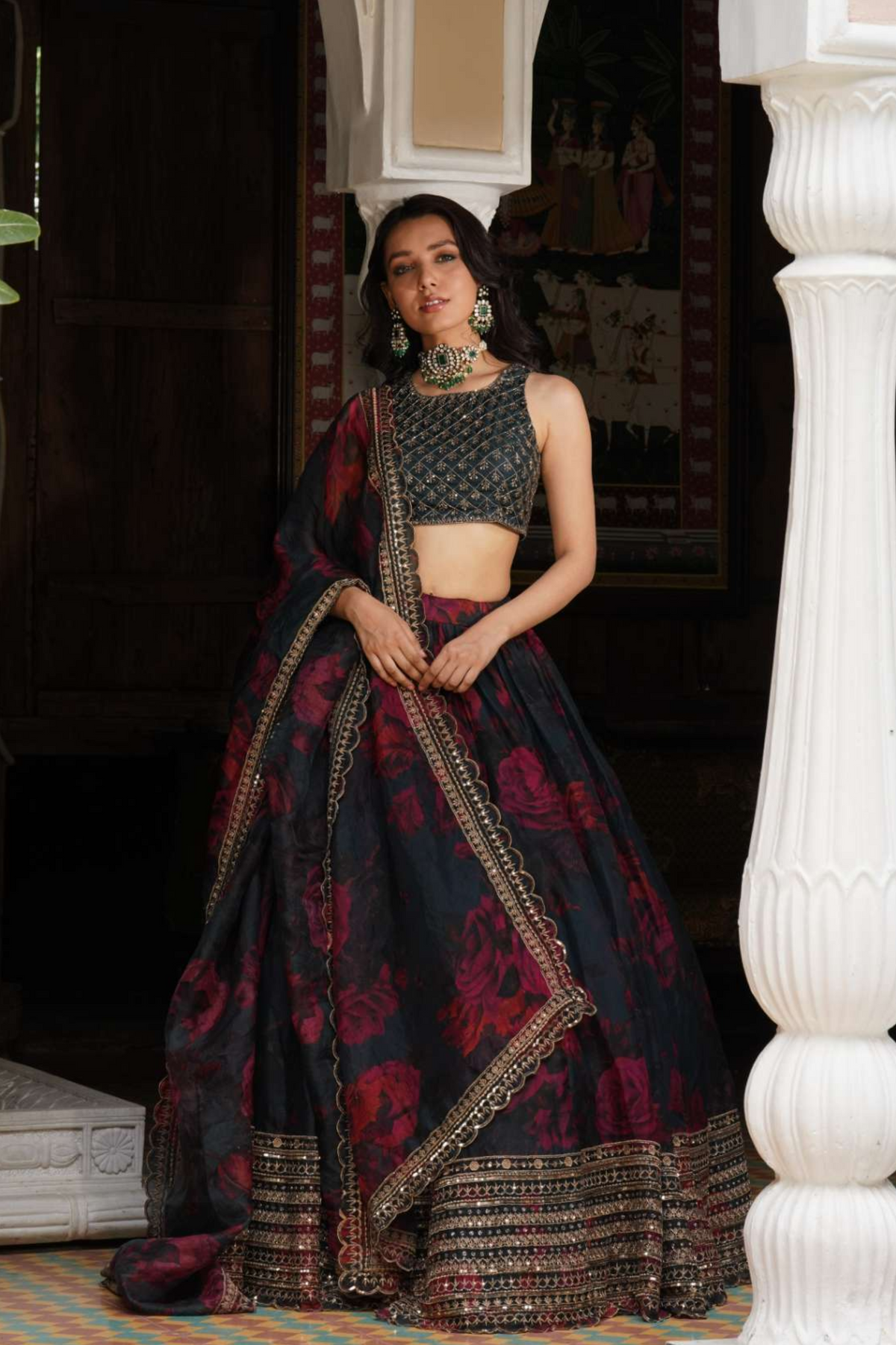 Teal Blue Floral Lehenga Set