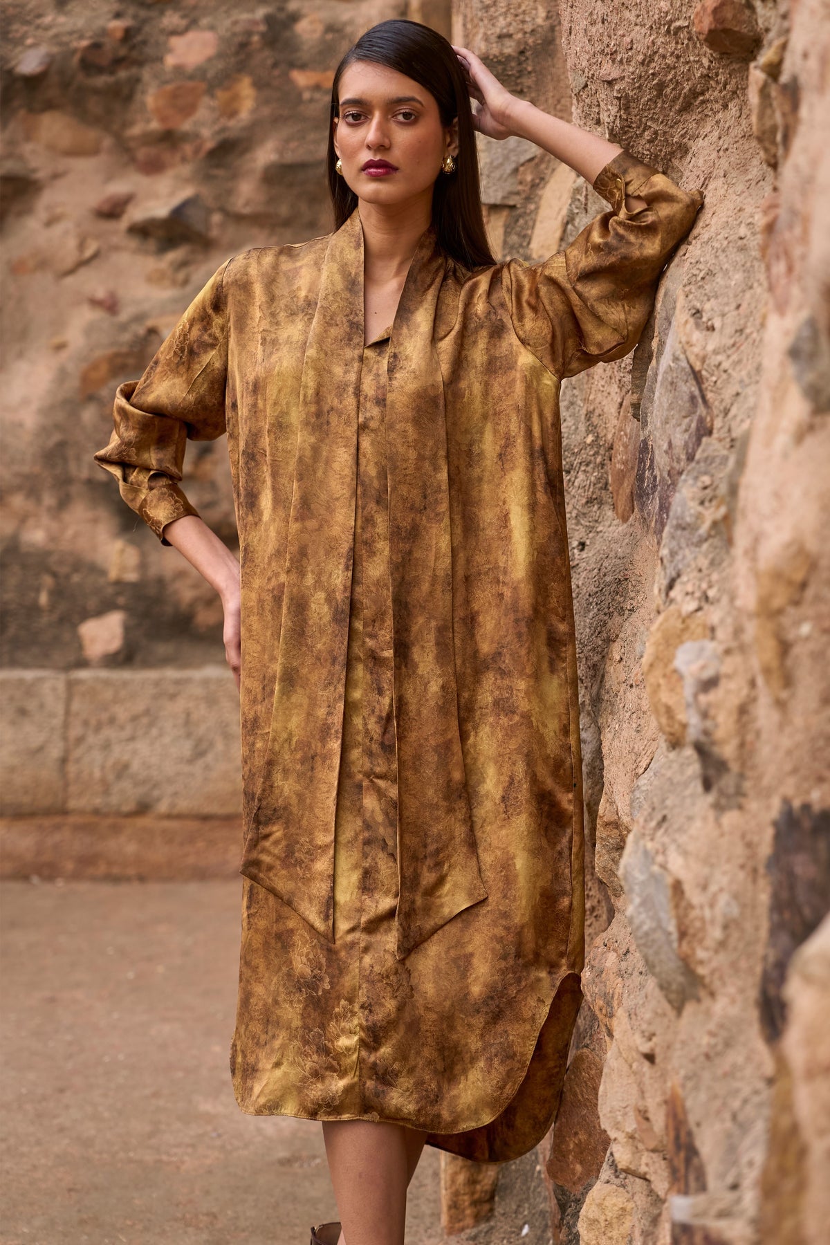 Mustard Neck Scarf Dress