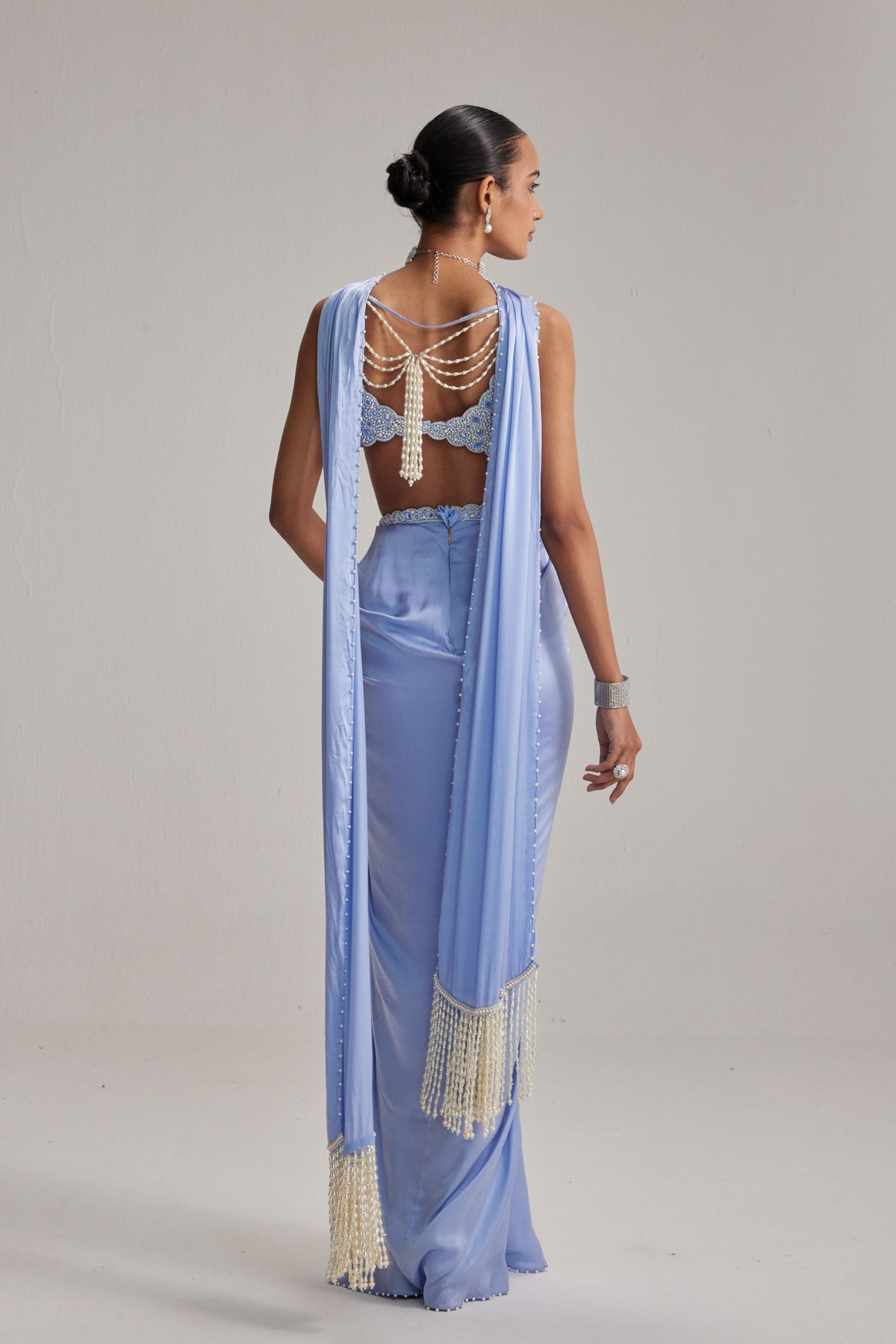 Dew Blue Satin Draped Skirt Set