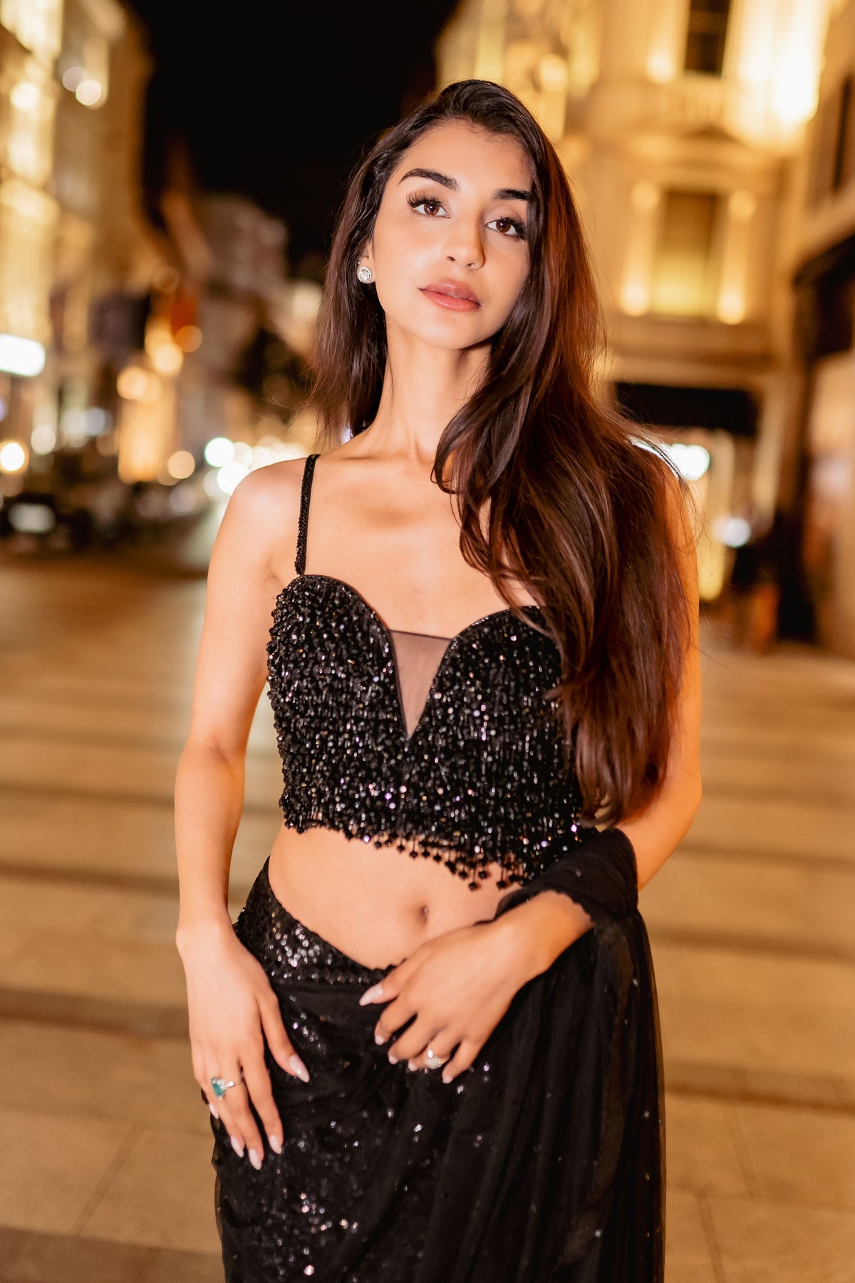 Black Drape Sequins Saree