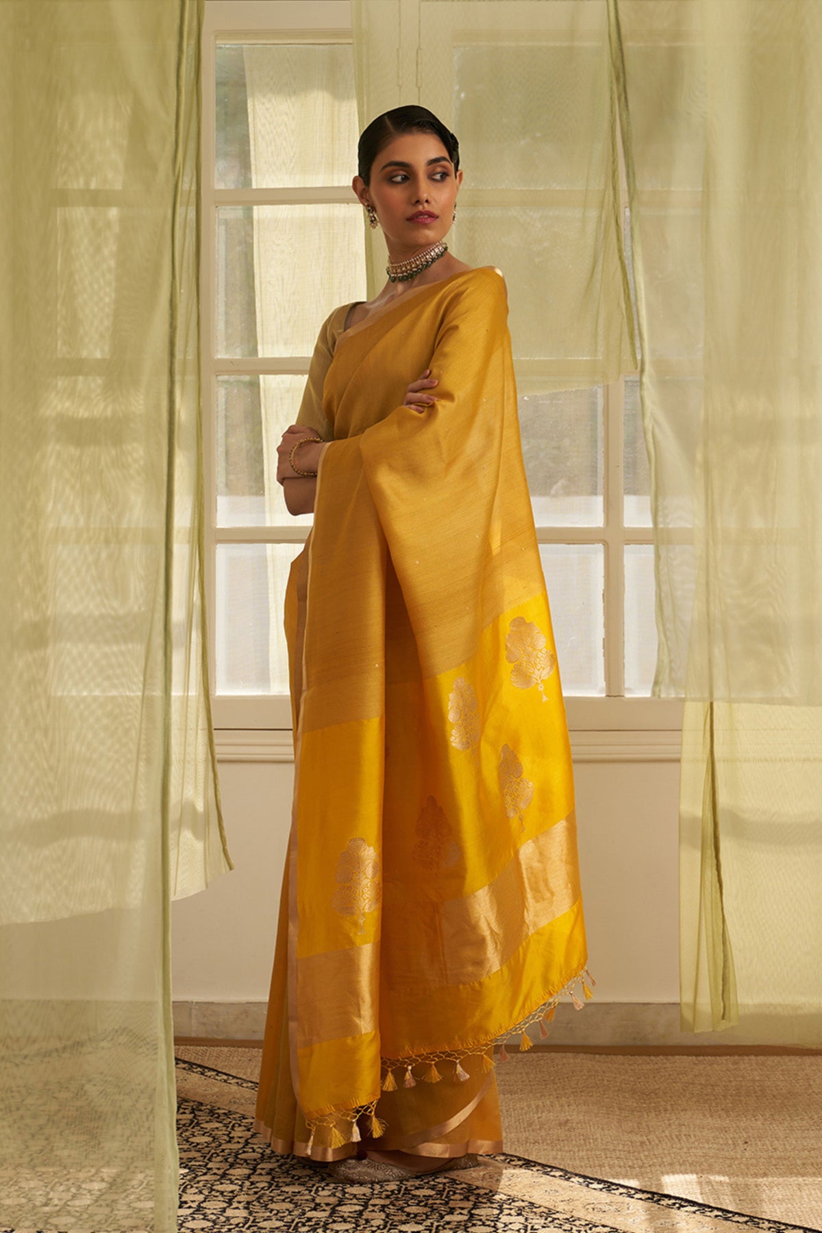 Mustard Handloom Tussar Saree