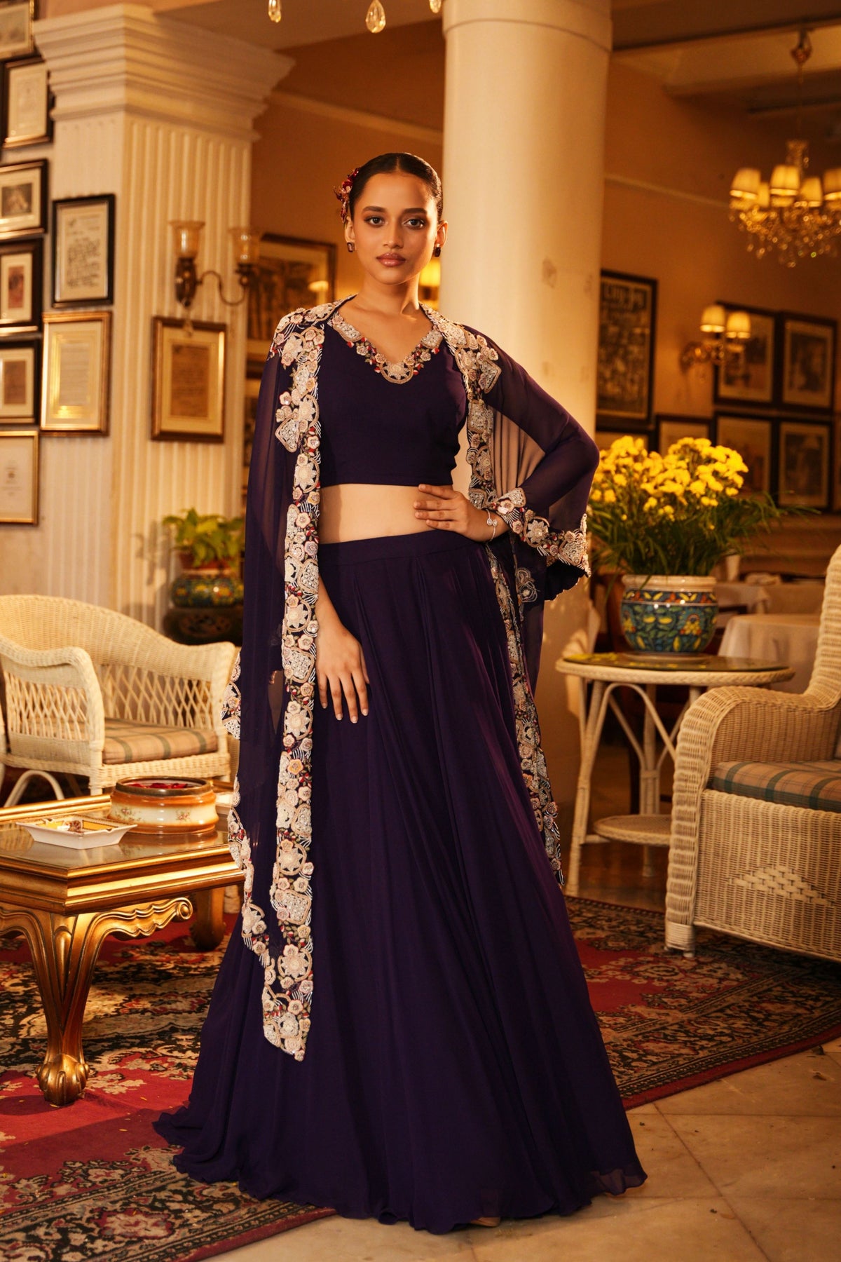 Hand Embroidered  Cape Lehenga Set