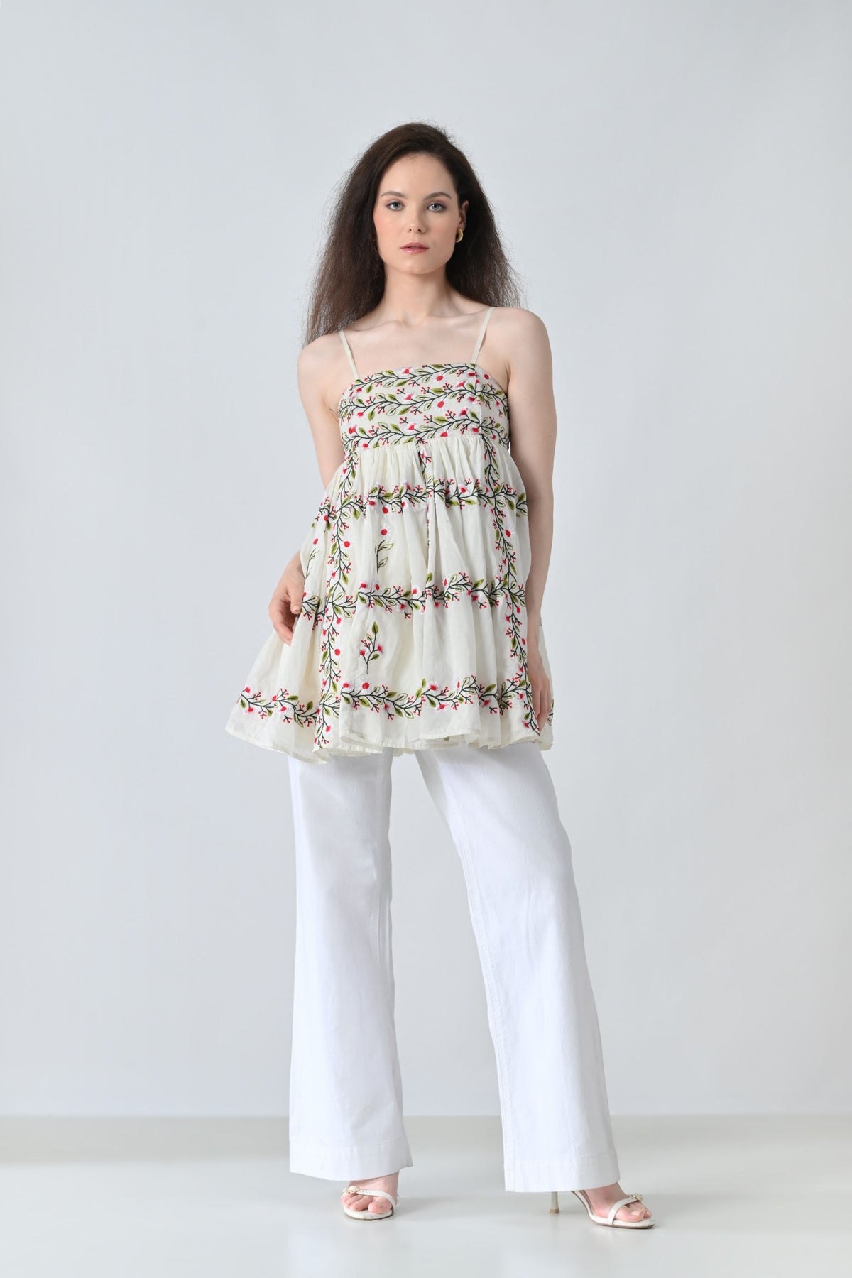 Ivory Vine Embroidered Tiered Top