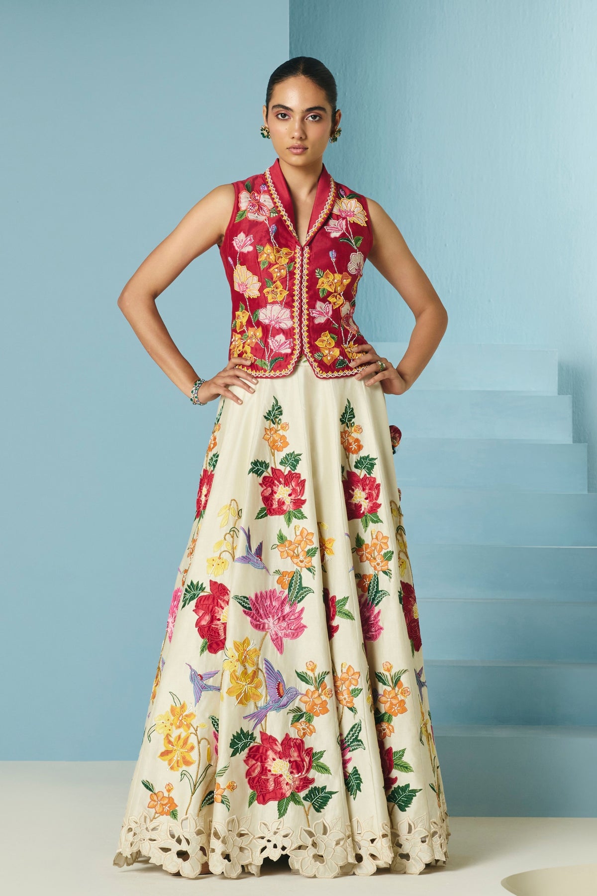 Red Floral Applique Waistcoat