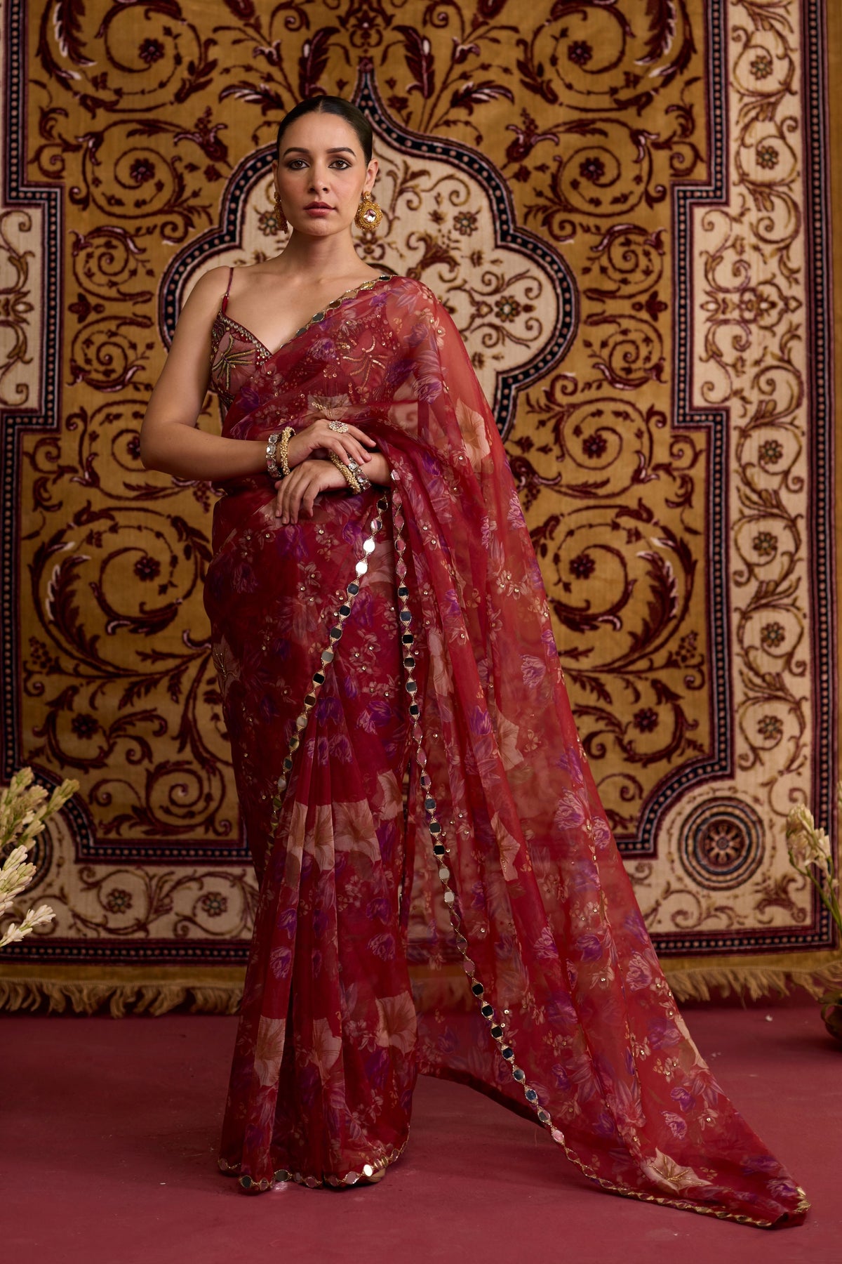 Red Floral Organza Saree Set