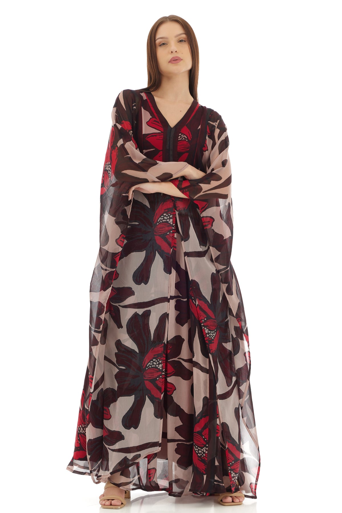 Beige and Brown Floral Kaftan