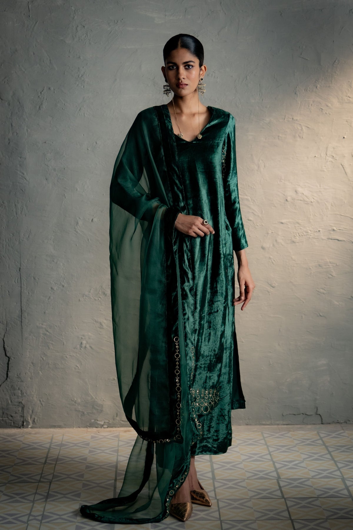 Velvet Green Kurta Set