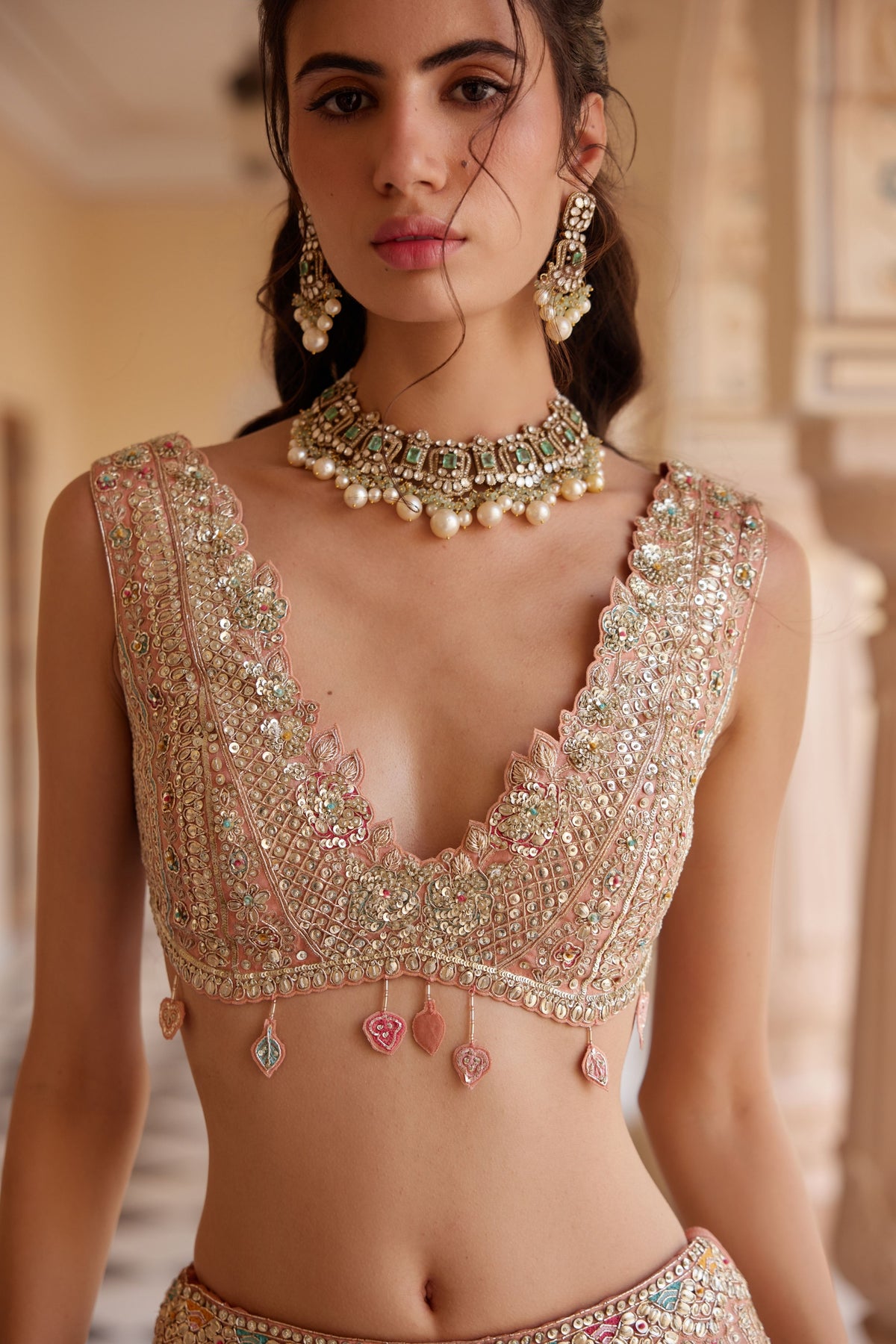 Salmon Peach Embroidered Lehenga Set