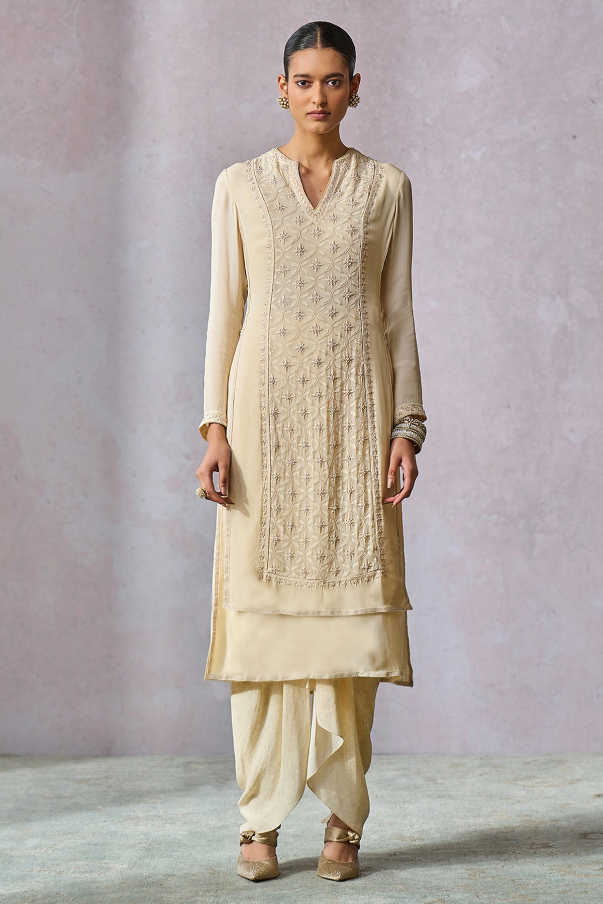 Ecru Double Layered Kurta With Dhoti
