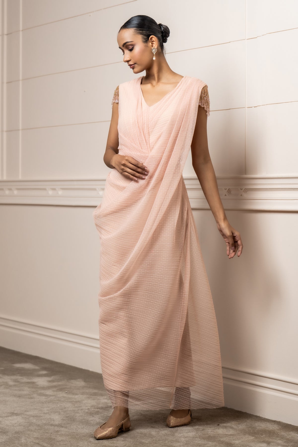 Peach Crinkle V-Neck Dress