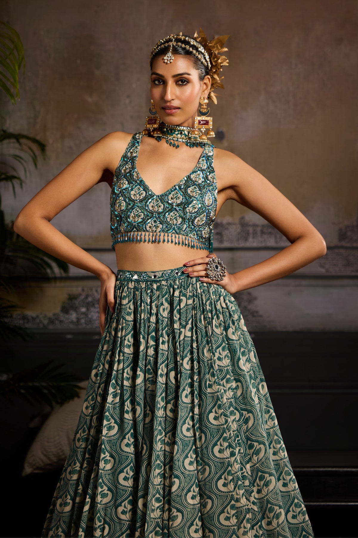 Teal Printed Lehenga Set