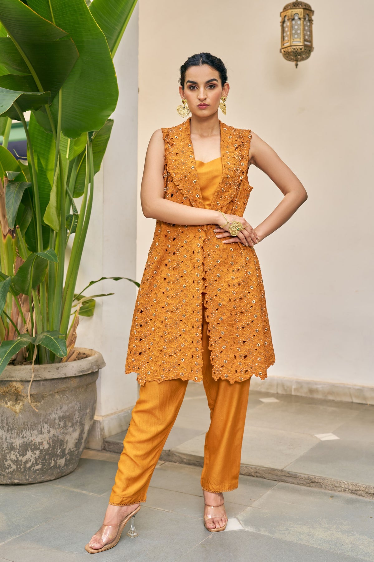 Ochre Cutwork Jacket Set