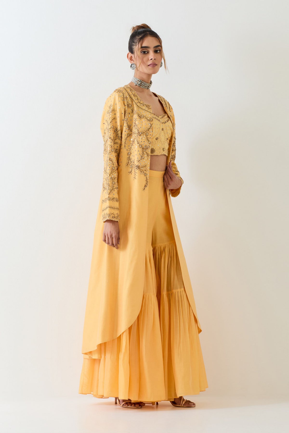 Chanderi Silk Long Jacket Sharara Set