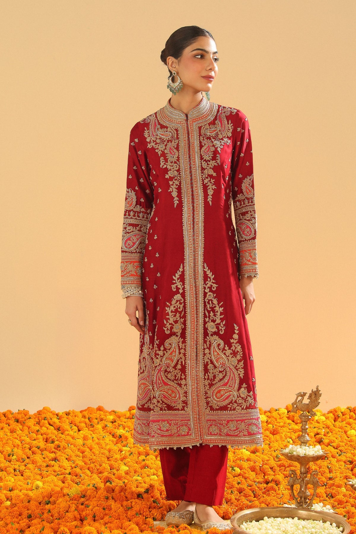 Deep Red A-line Jacket Set