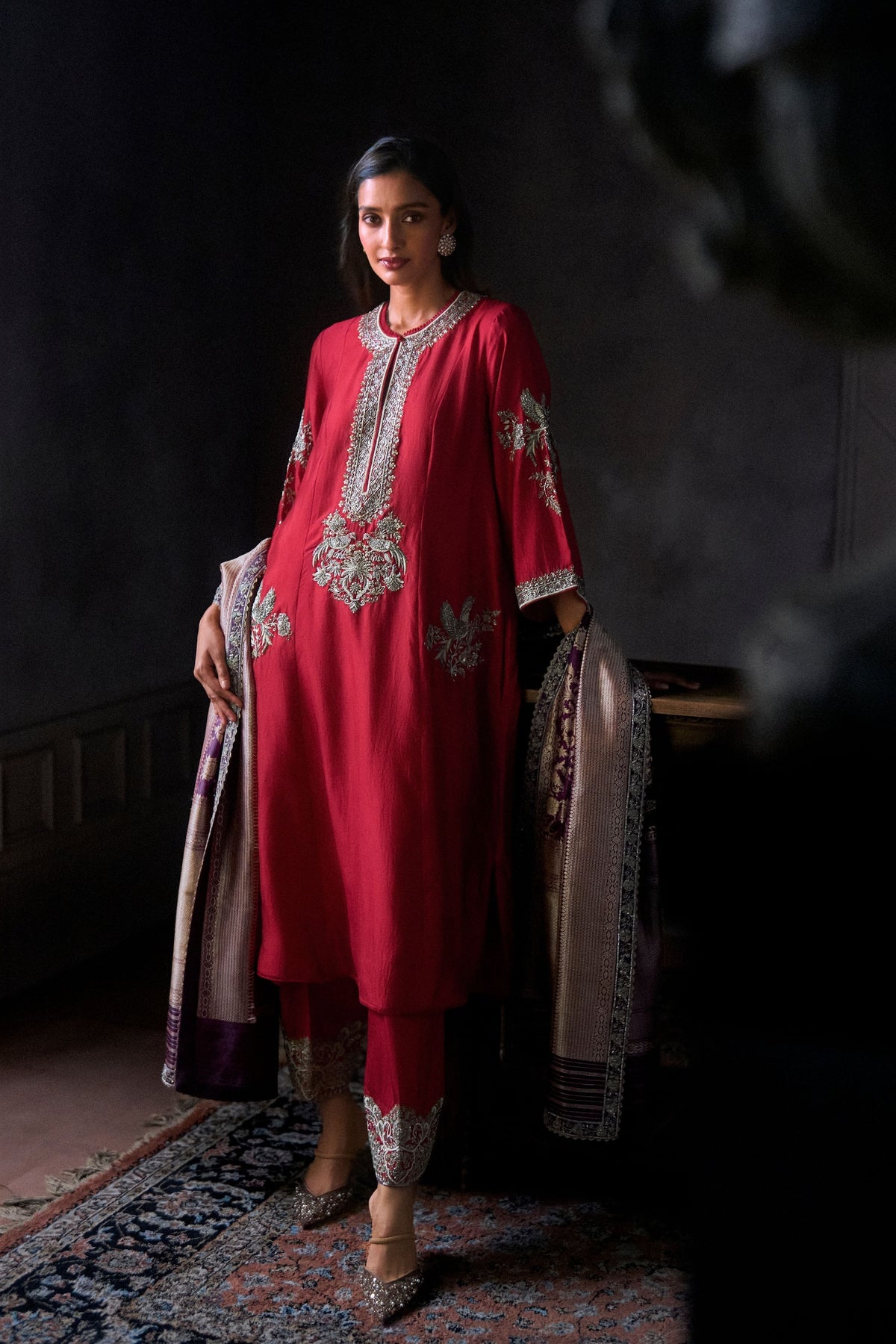 Red Embroidered Kurta Set