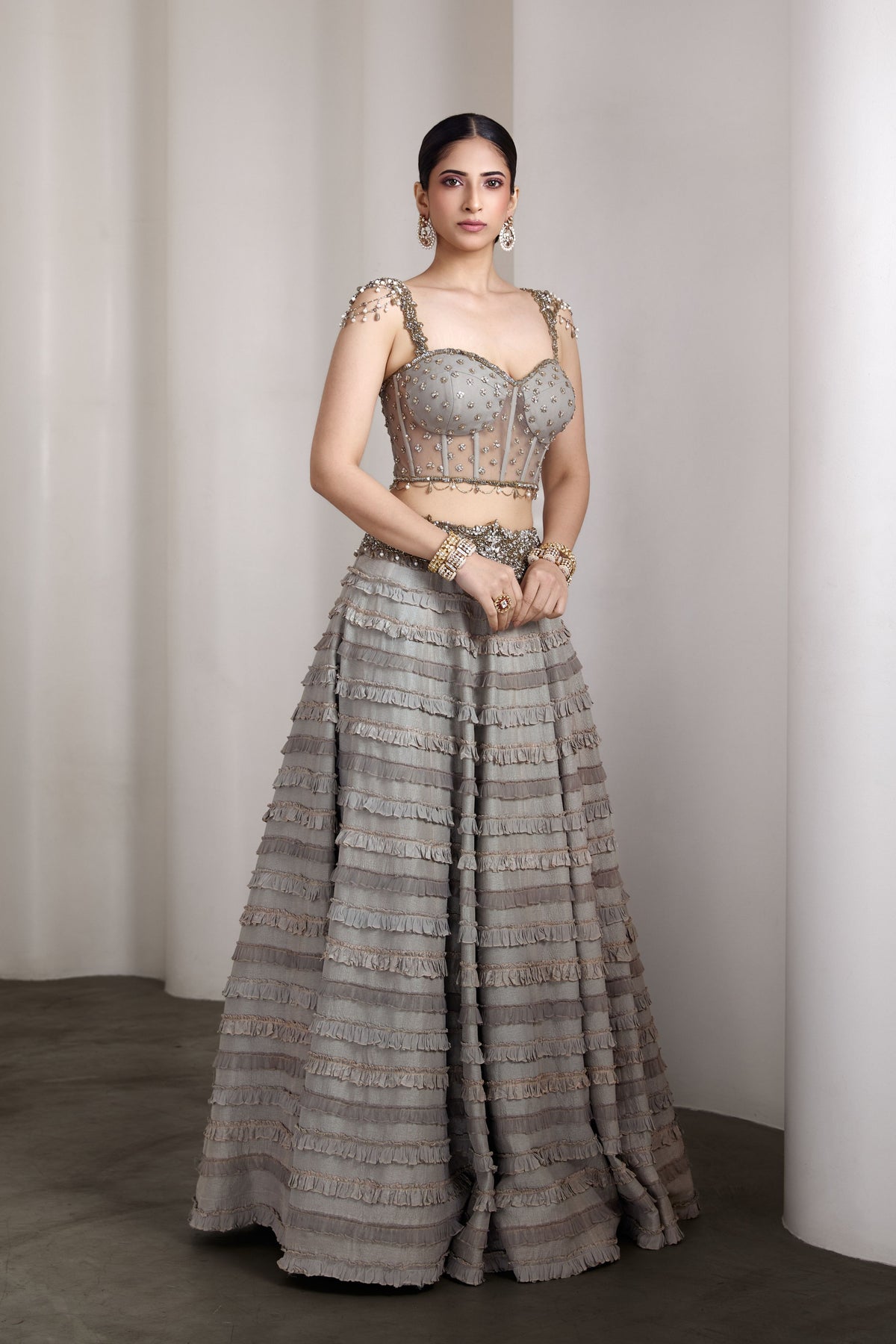 Grey Ruffle Lehenga Set