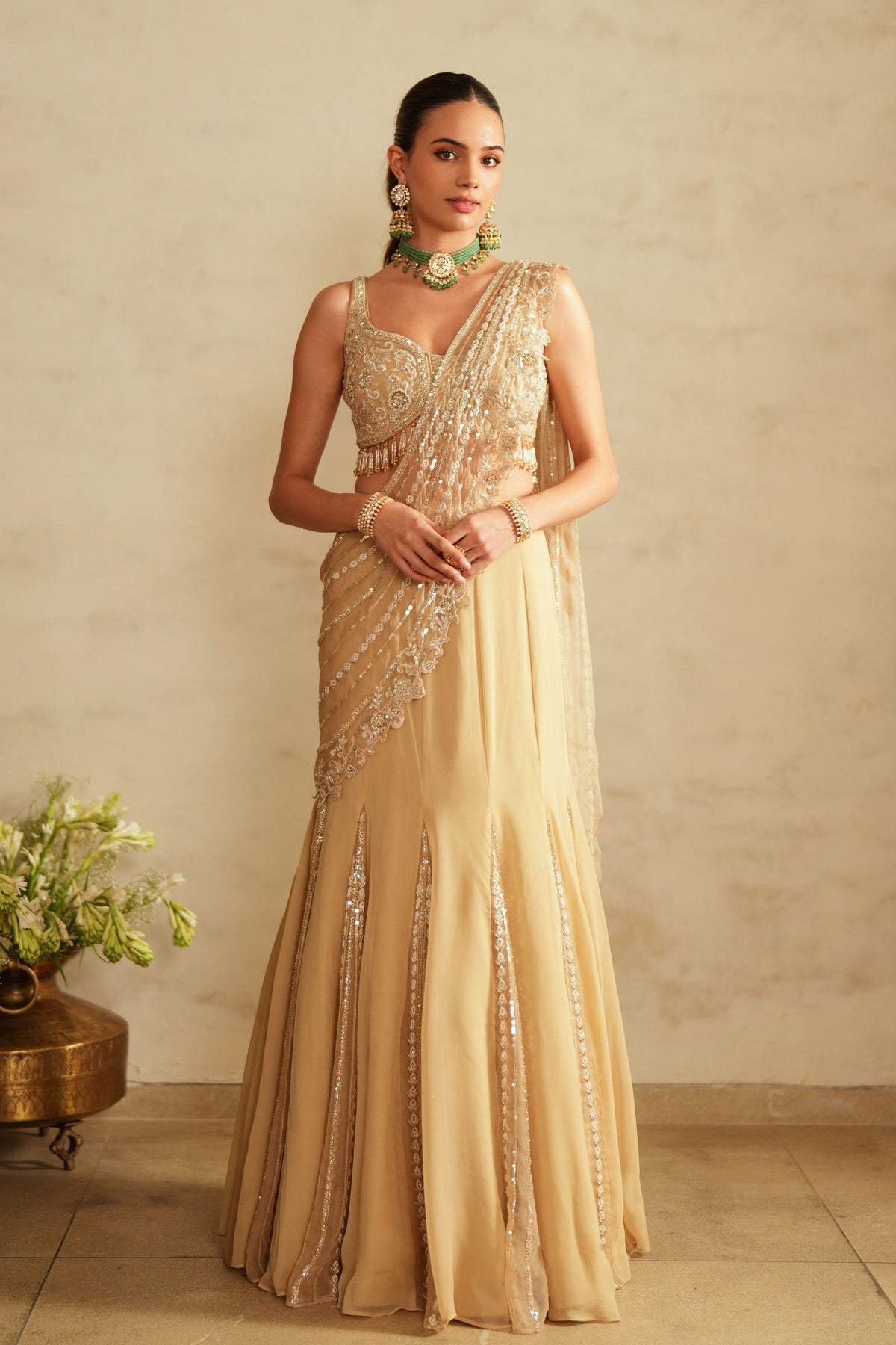 Beige Gold Lehenga Saree Set