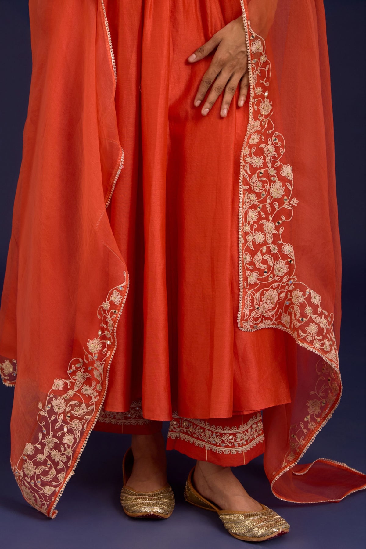 Orange Silk Chanderi Anarkali Set
