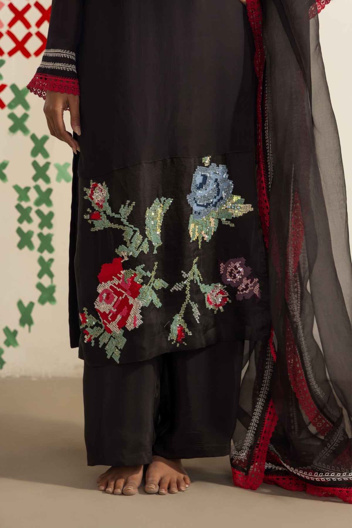 Black Flora Kurta Set
