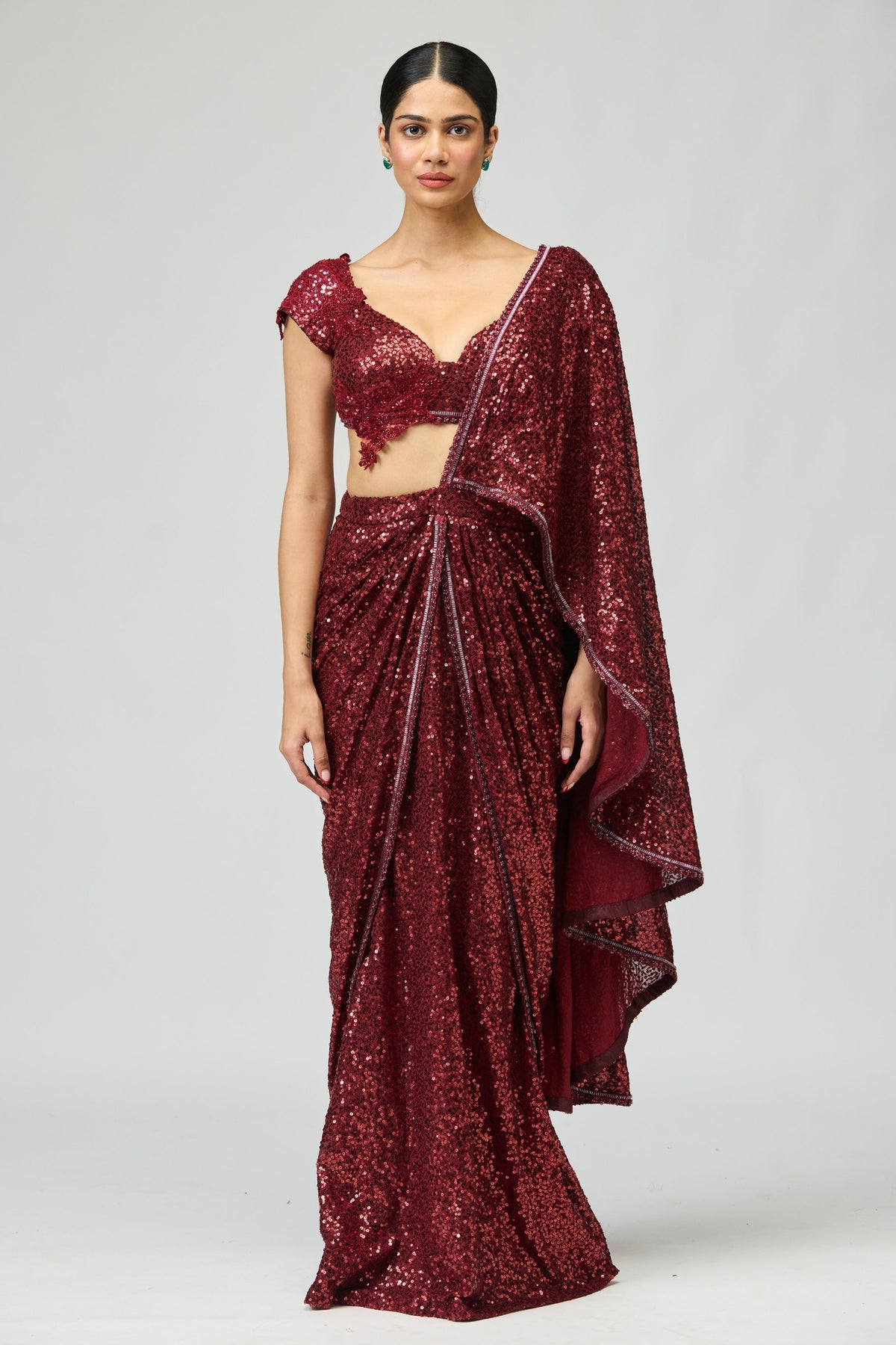 Maroon Sequin Saree Set
