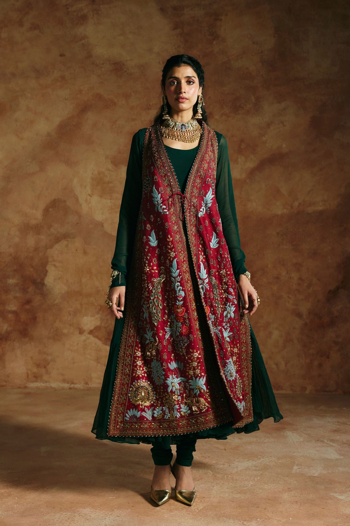 Red Sindh Zardozi Jacket Set