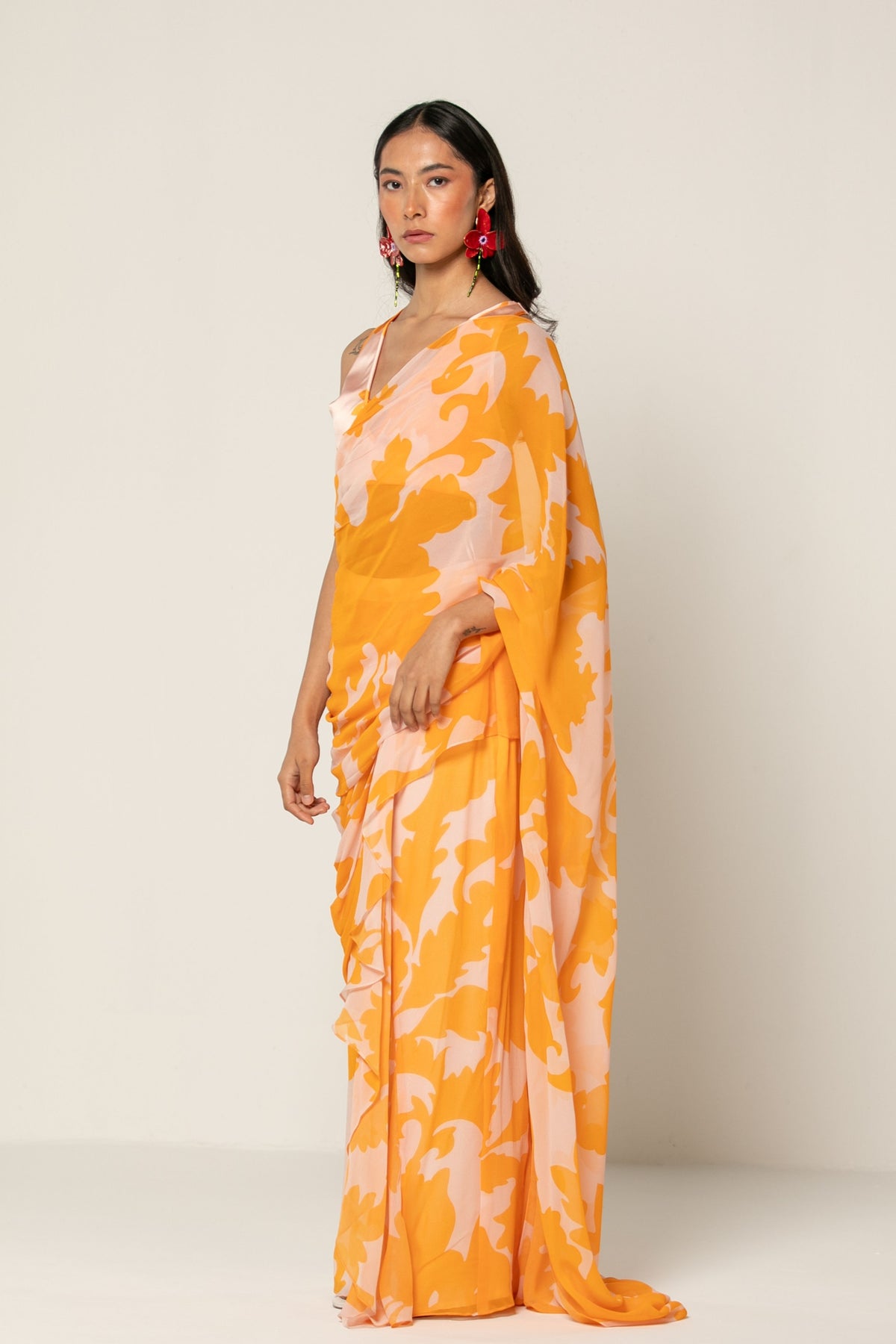 Orange Pre Draped Saree Set