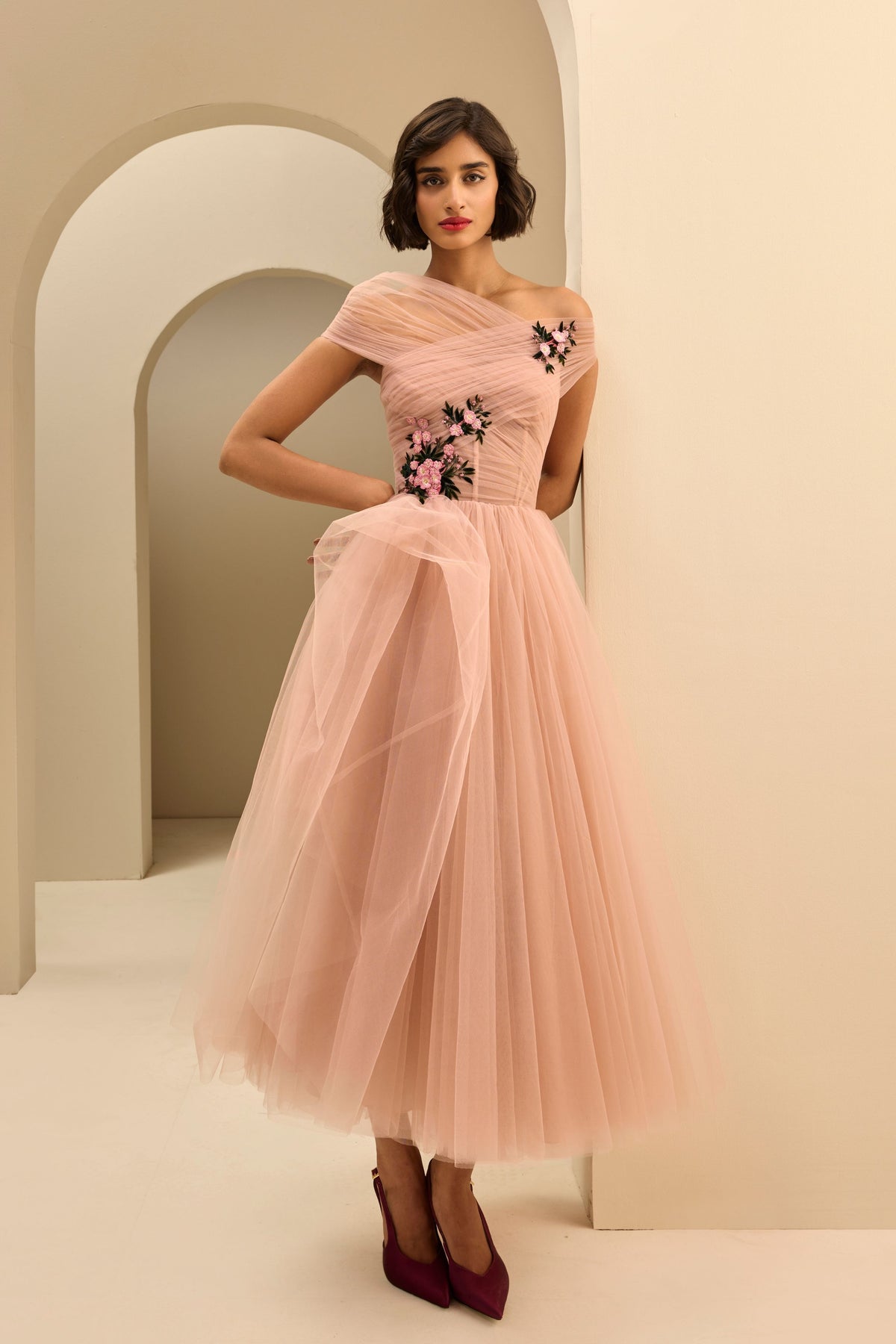 Off Shoulder Draped Midi Dress