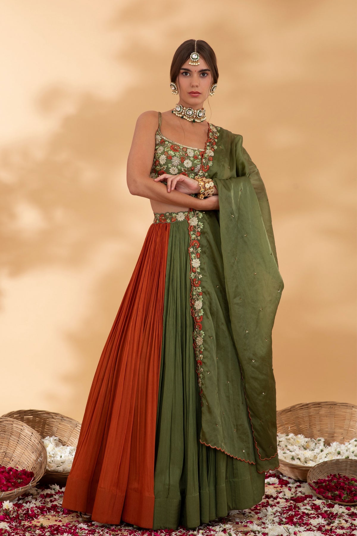 Juniper Green and Rust Lehennga Set