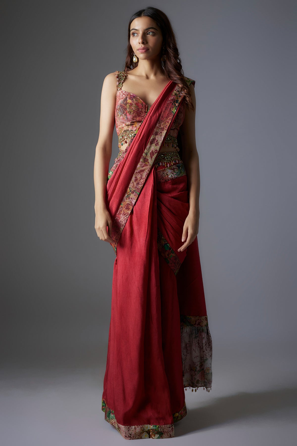 Maroon Botanical Printed Saree Set