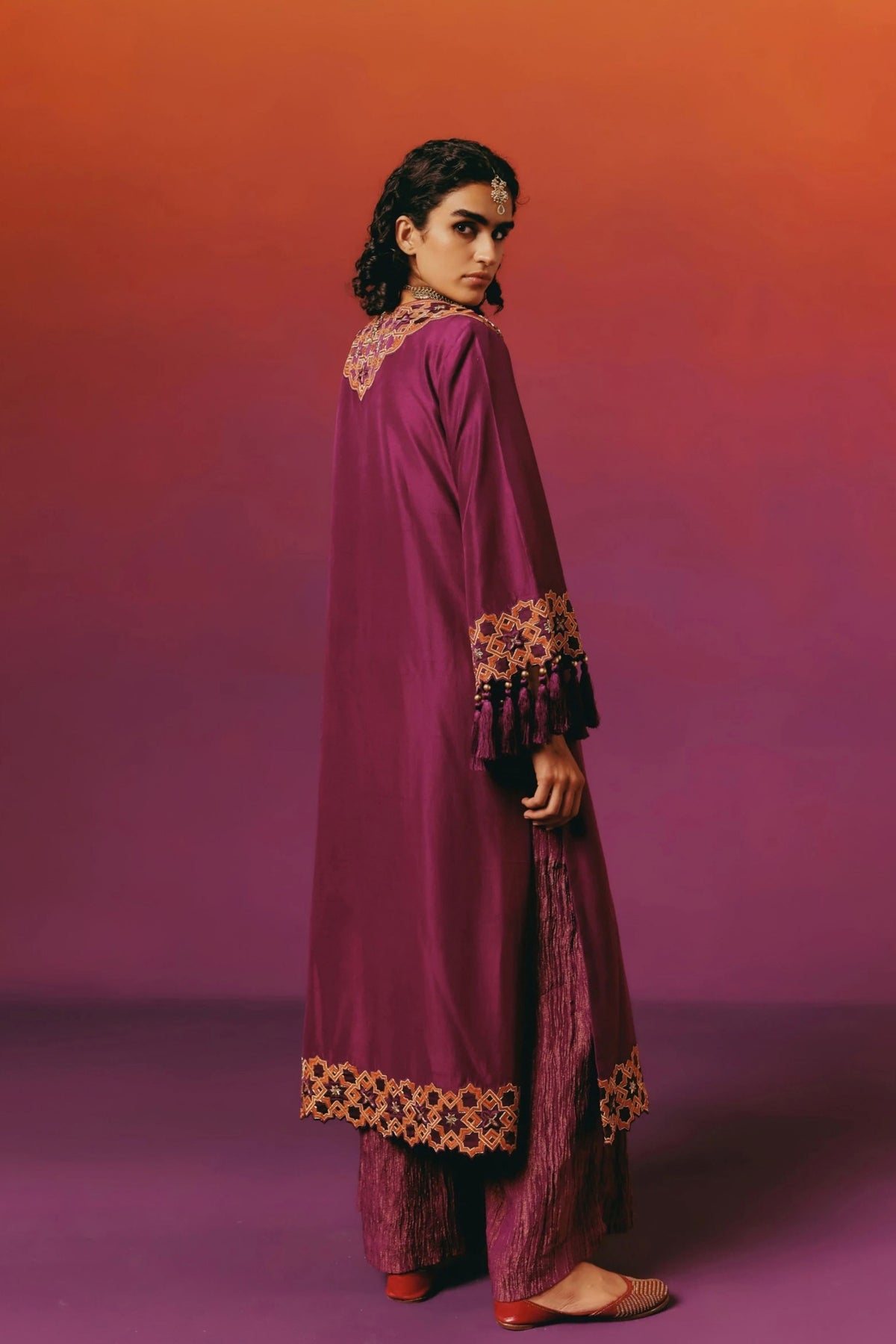 Purple Orange Jaal Kurta Set